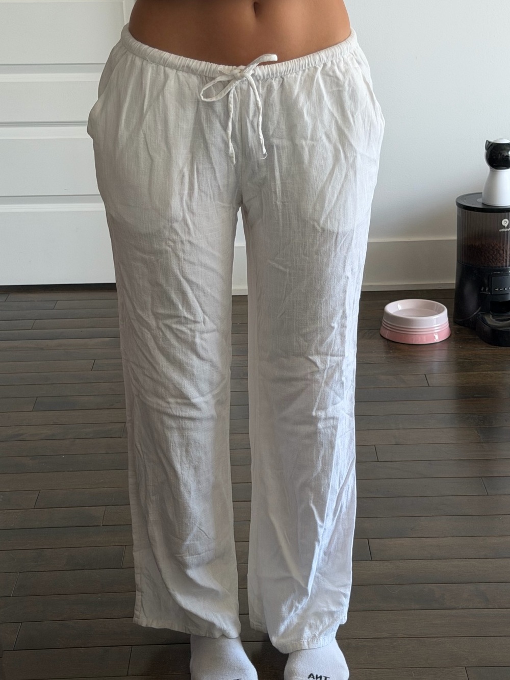H&M White Cotton Drawstring Lounge Pants - Relaxed Fit